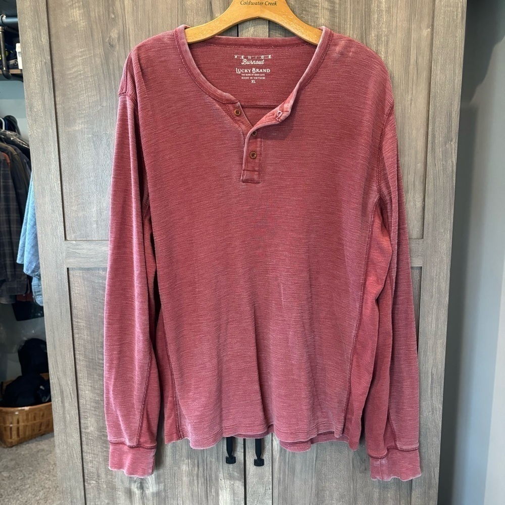 Lucky Brand XL Venice Burnout Henley Waffle Knit Thermal Rust Red - Picture 1 of 11